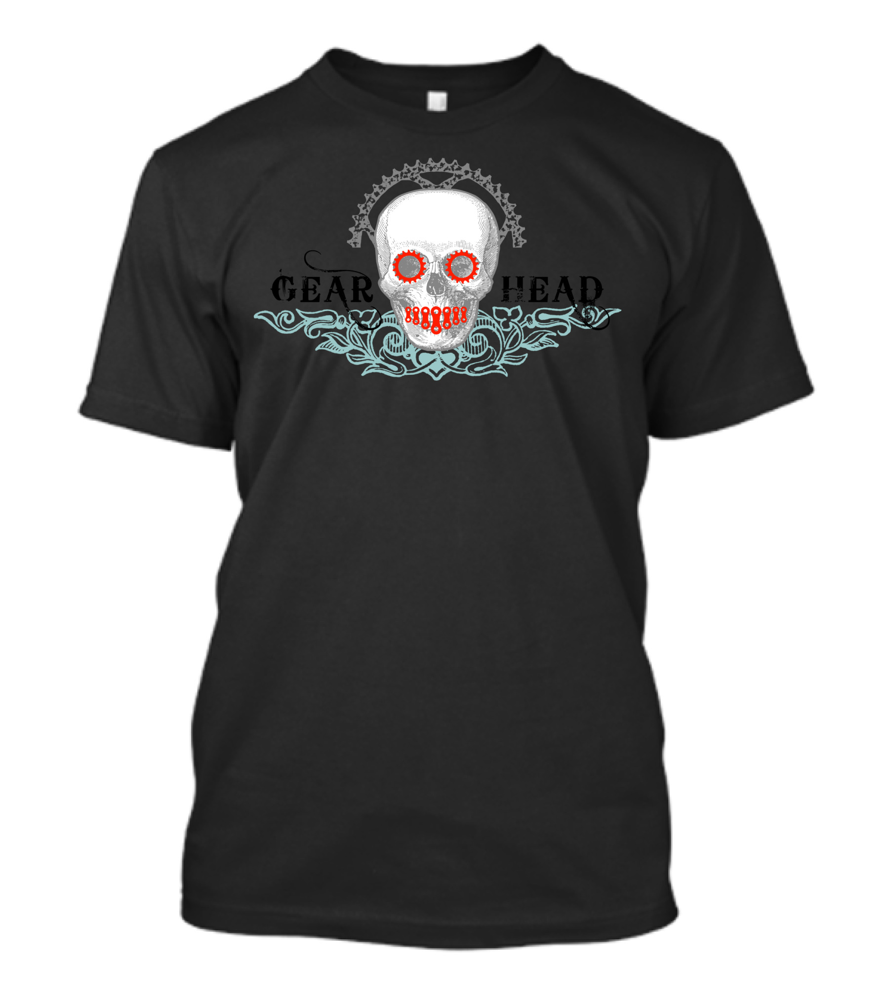 Gearhead Skull With Red Cog Eyes And Ornate T-Shirt