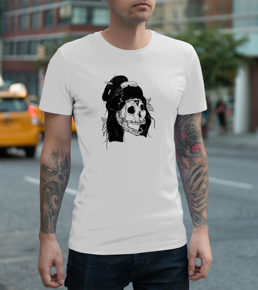Undead Geisha Skull Art with Hair and Kimono Details T-Shirt
