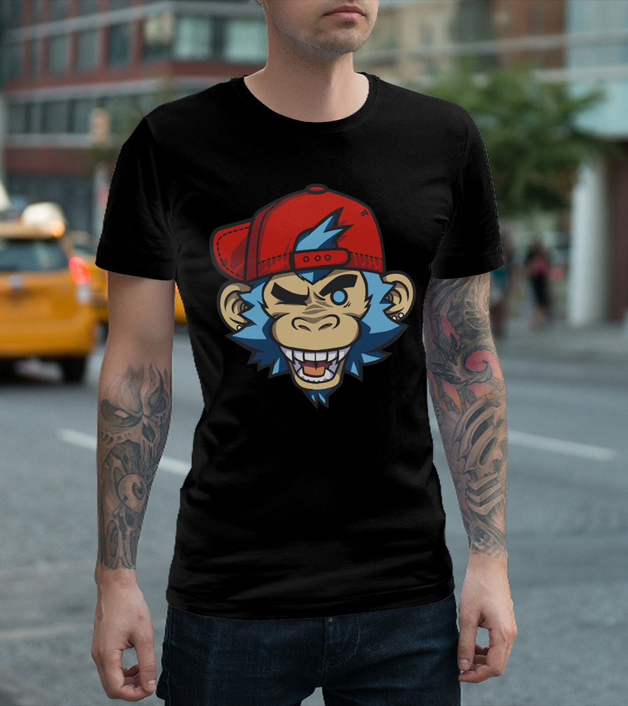 Mankeeboi Wink Red Hat Blue Hair Monkey Face T-Shirt