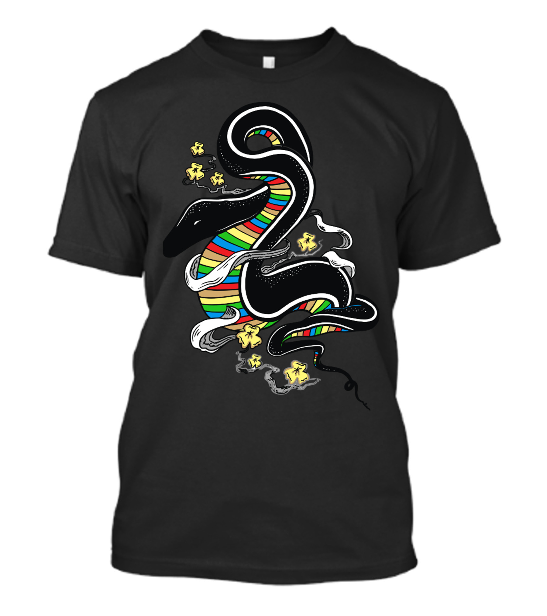 Many Colors Snake With Stars And Smoke Elements T-Shirt