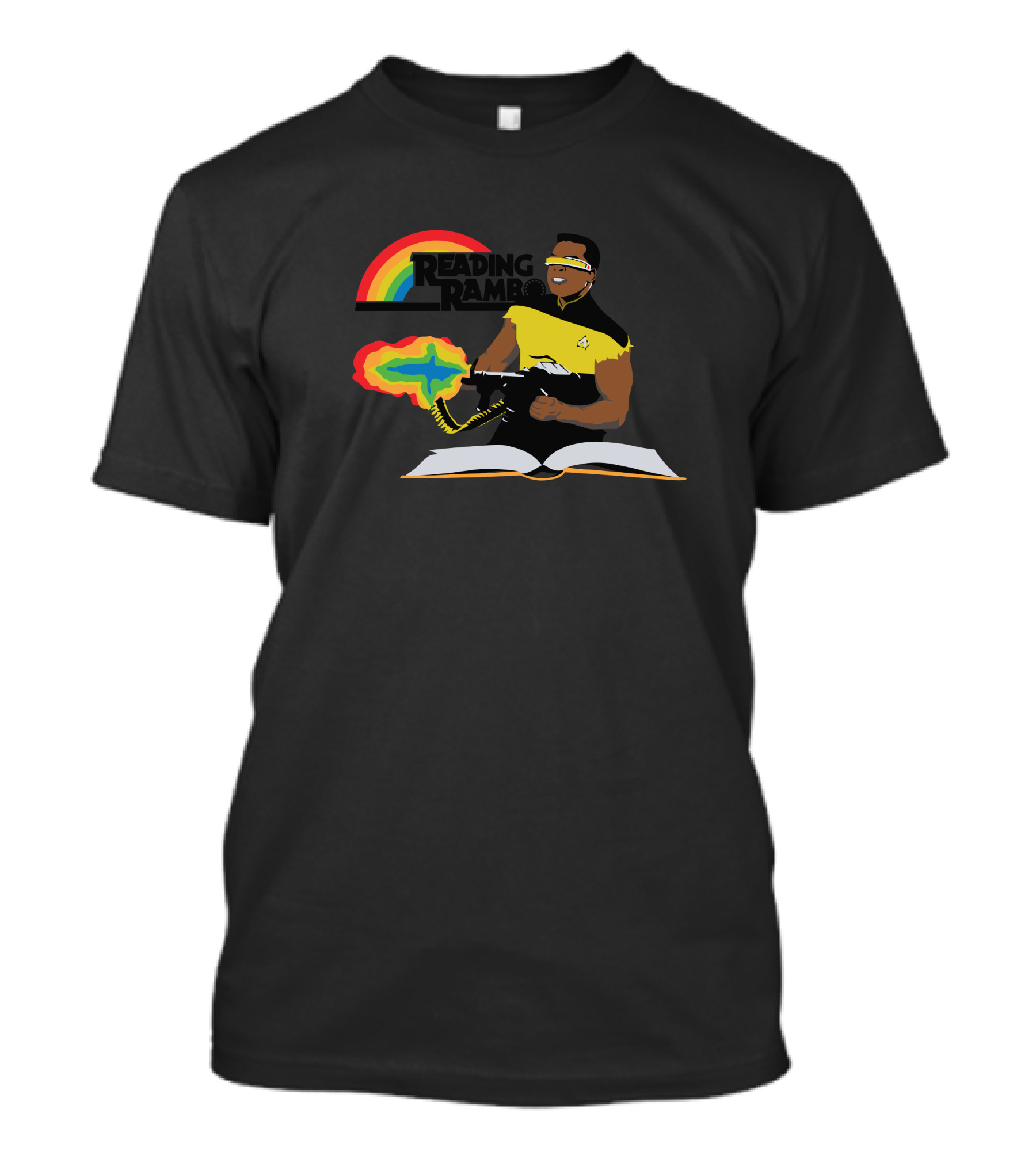 Reading Rambo Remix Baby Blue Star Trek Geordi La Forge Rainbow Phaser Book T-Shirt