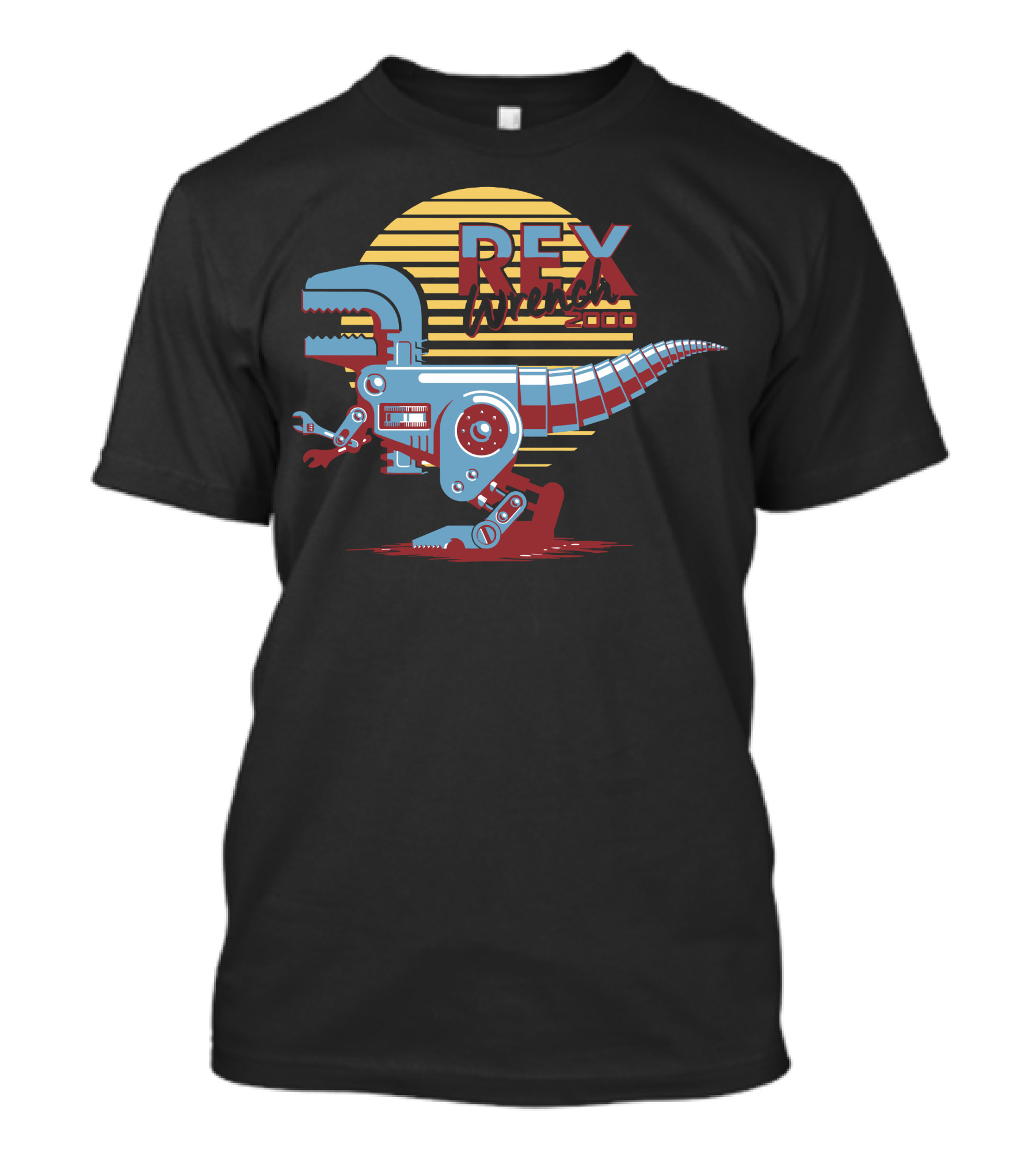 Rex Wrench 2000 Robotic Dinosaur Against Retro Sun Stripes T-Shirt