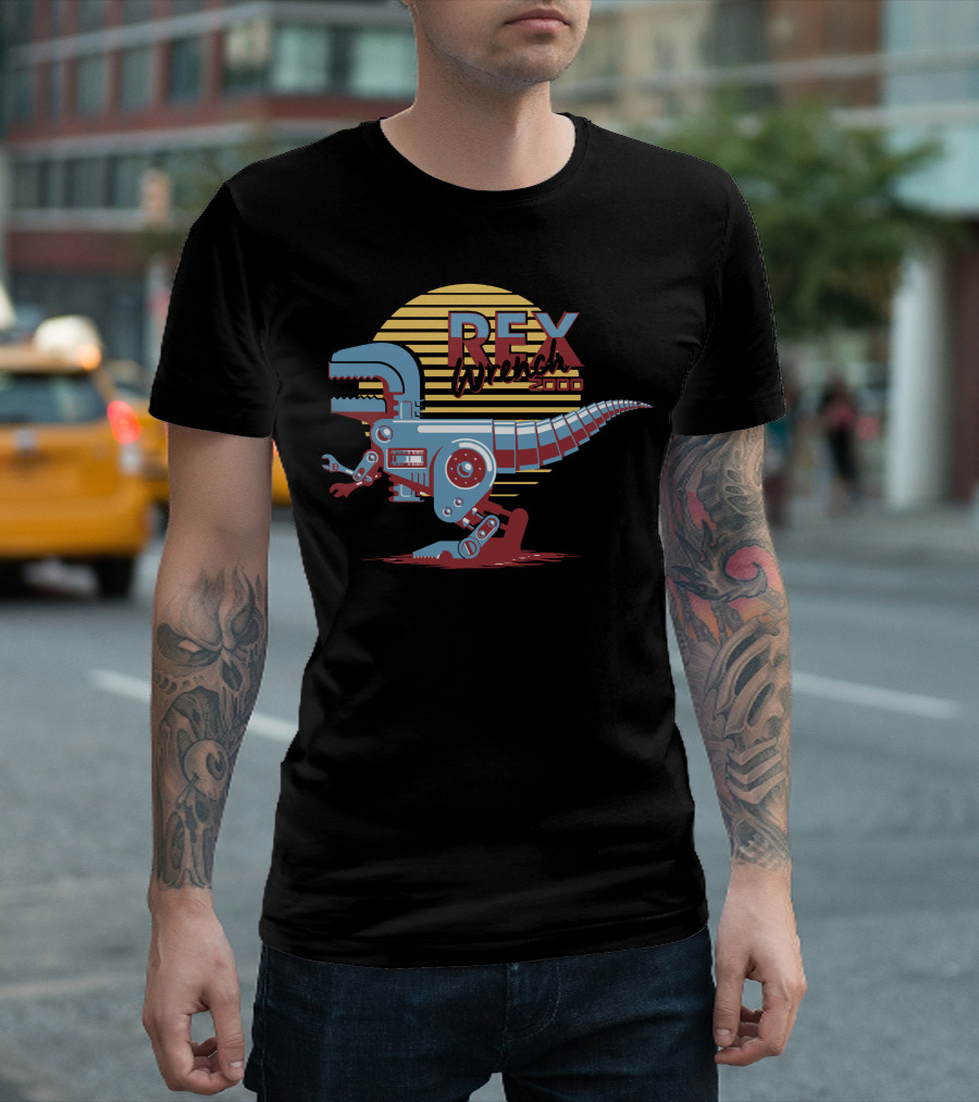 Rex Wrench 2000 Robotic Dinosaur Against Retro Sun Stripes T-Shirt