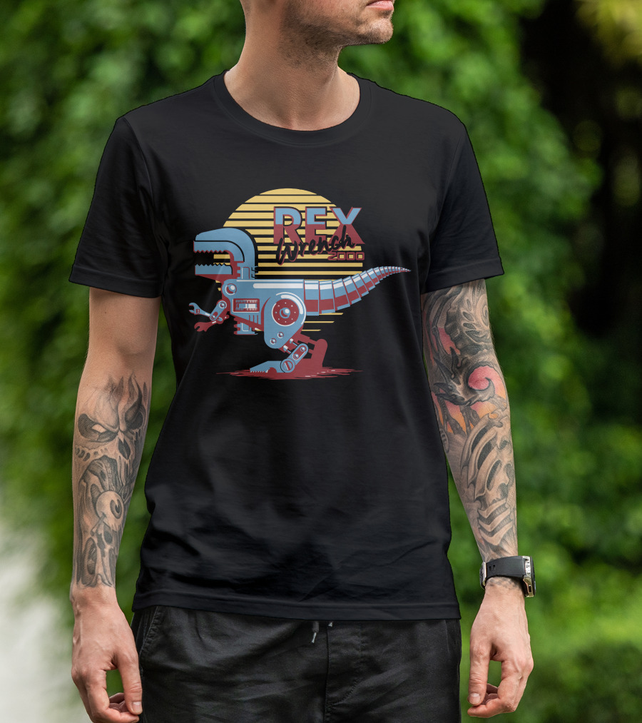 Rex Wrench 2000 Robotic Dinosaur Against Retro Sun Stripes T-Shirt