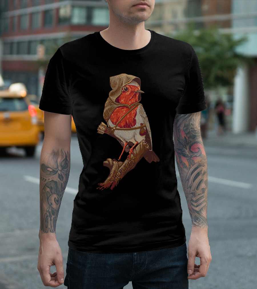 Robin Hood Fantasy Bird with Hood and Bow on Tree Branch T-Shirt