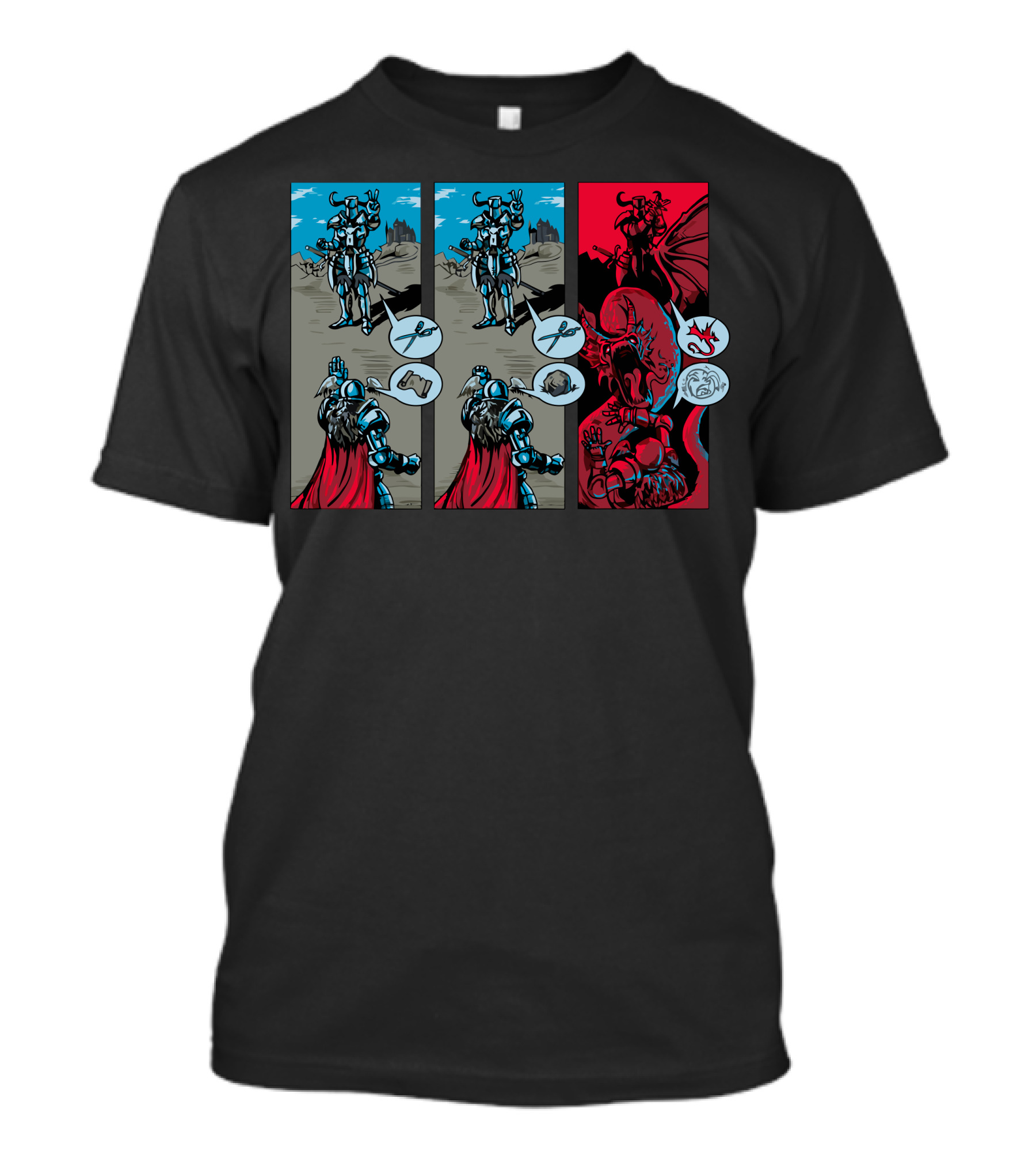 Rock Paper Scissors Knight Versus Fierce Dragon Duel T-Shirt