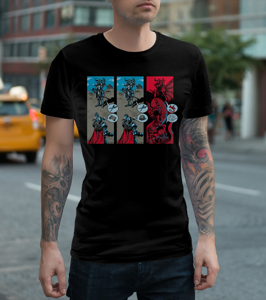 Rock Paper Scissors Knight Versus Fierce Dragon Duel T-Shirt