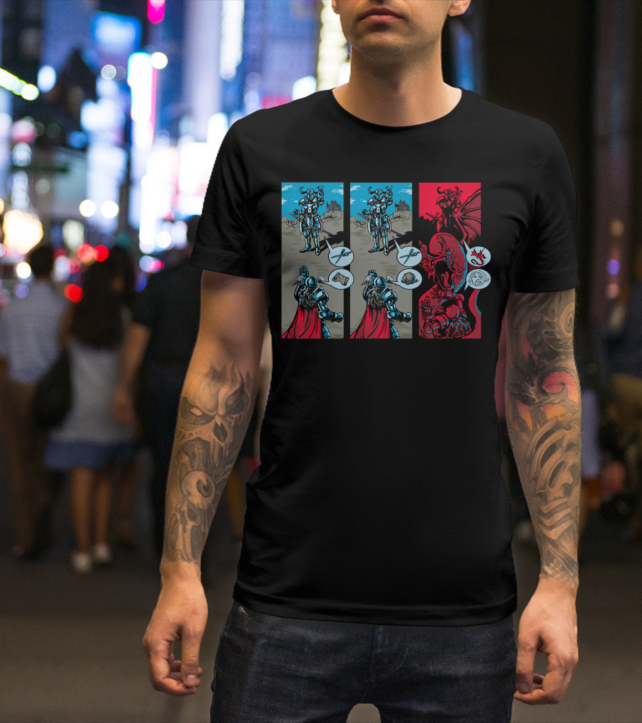 Rock Paper Scissors Knight Versus Fierce Dragon Duel T-Shirt
