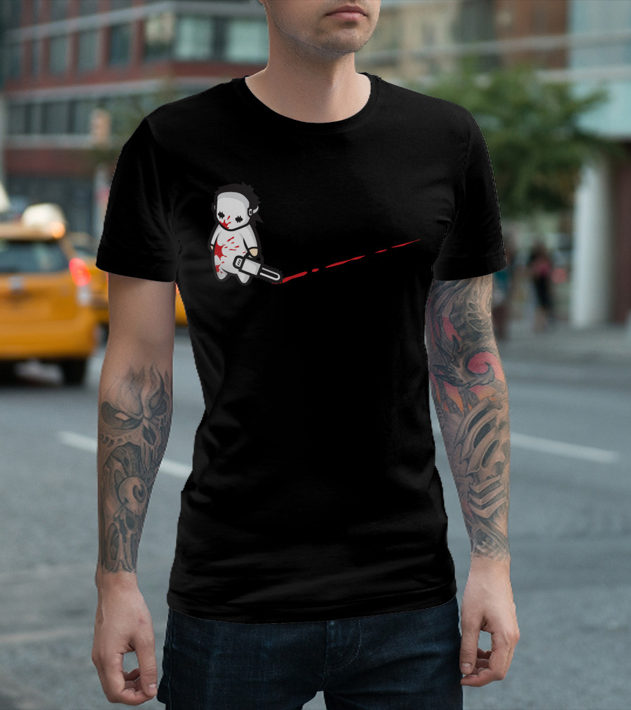Sad Psycho Chainsaw Character with Bloody Trail T-Shirt