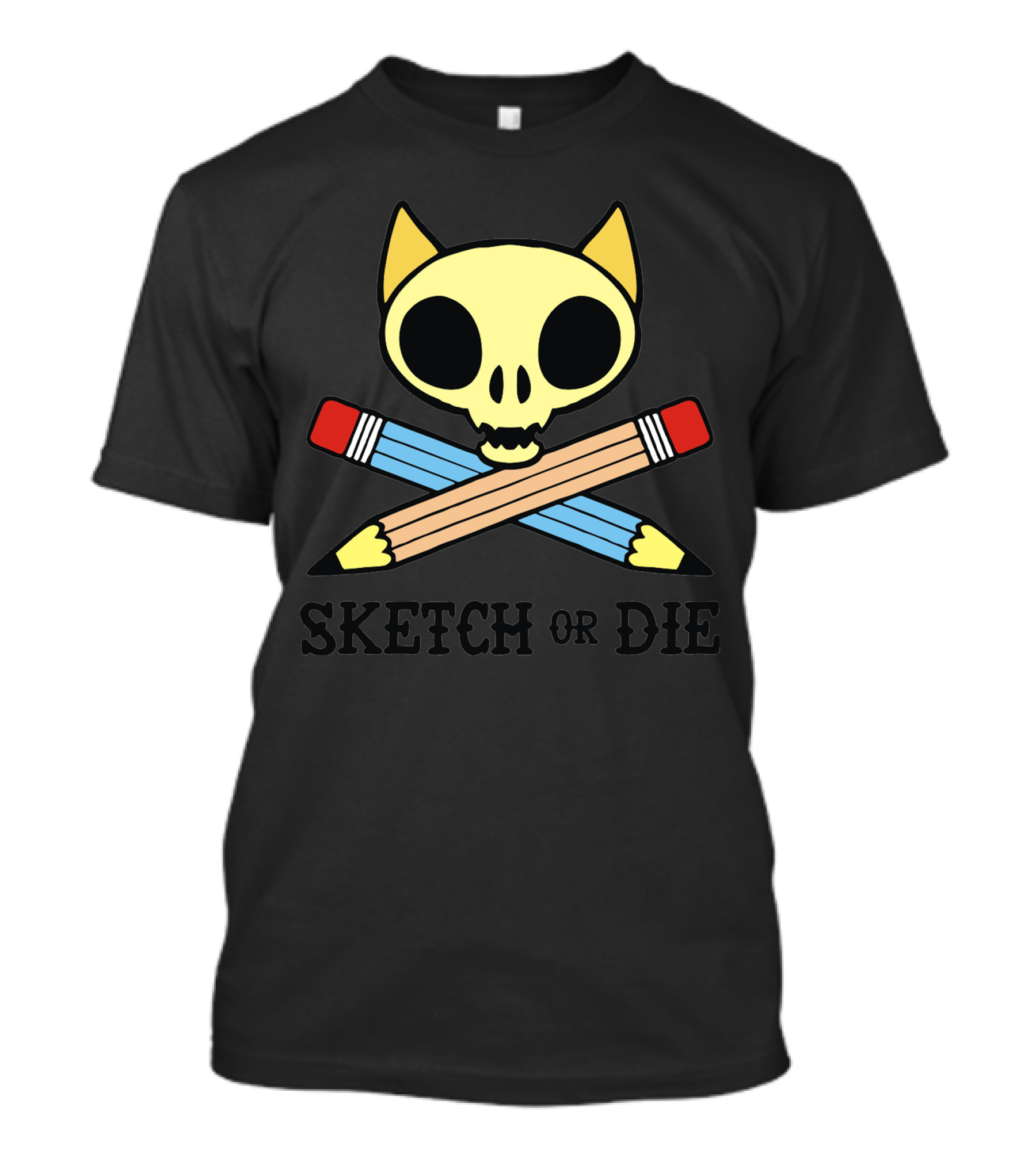 Skull Cat Sketch Or Die Crossed Pencils T-Shirt