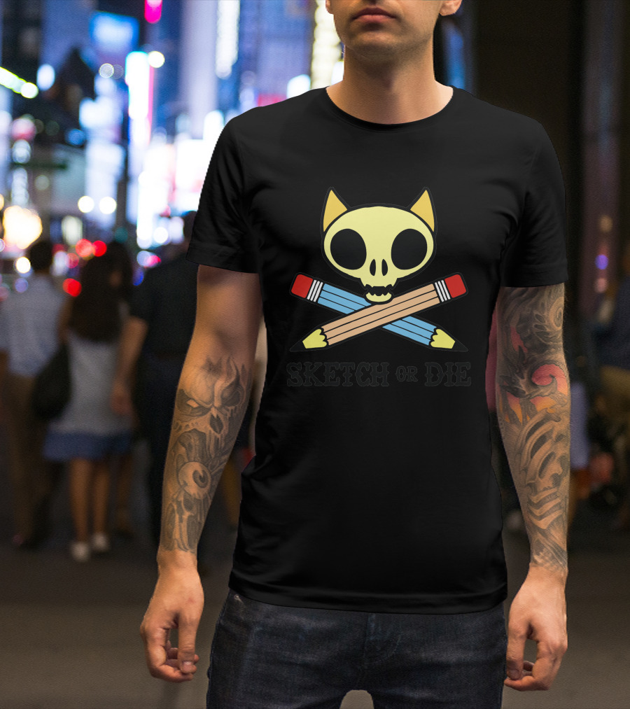 Skull Cat Sketch Or Die Crossed Pencils T-Shirt