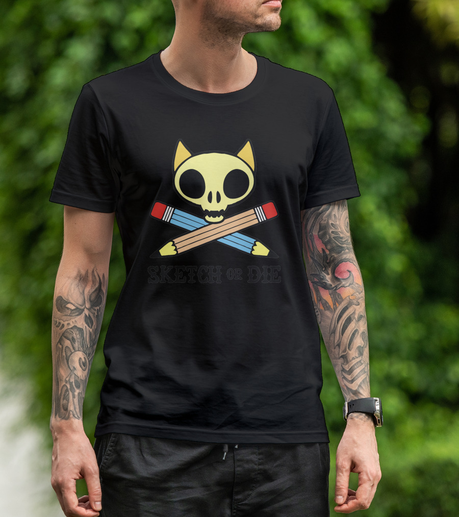 Skull Cat Sketch Or Die Crossed Pencils T-Shirt
