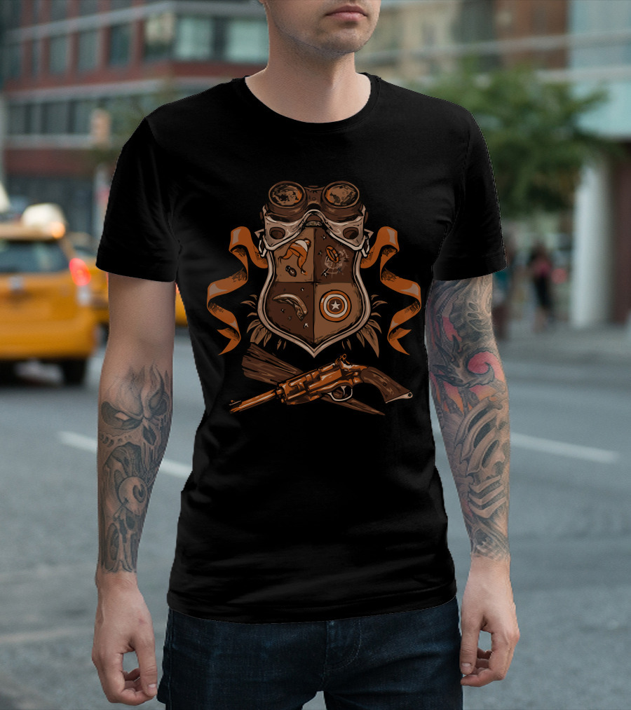 Goggles and Guns Adventure Insignia with Superhero Shield and Cowboy Hat T-Shirt