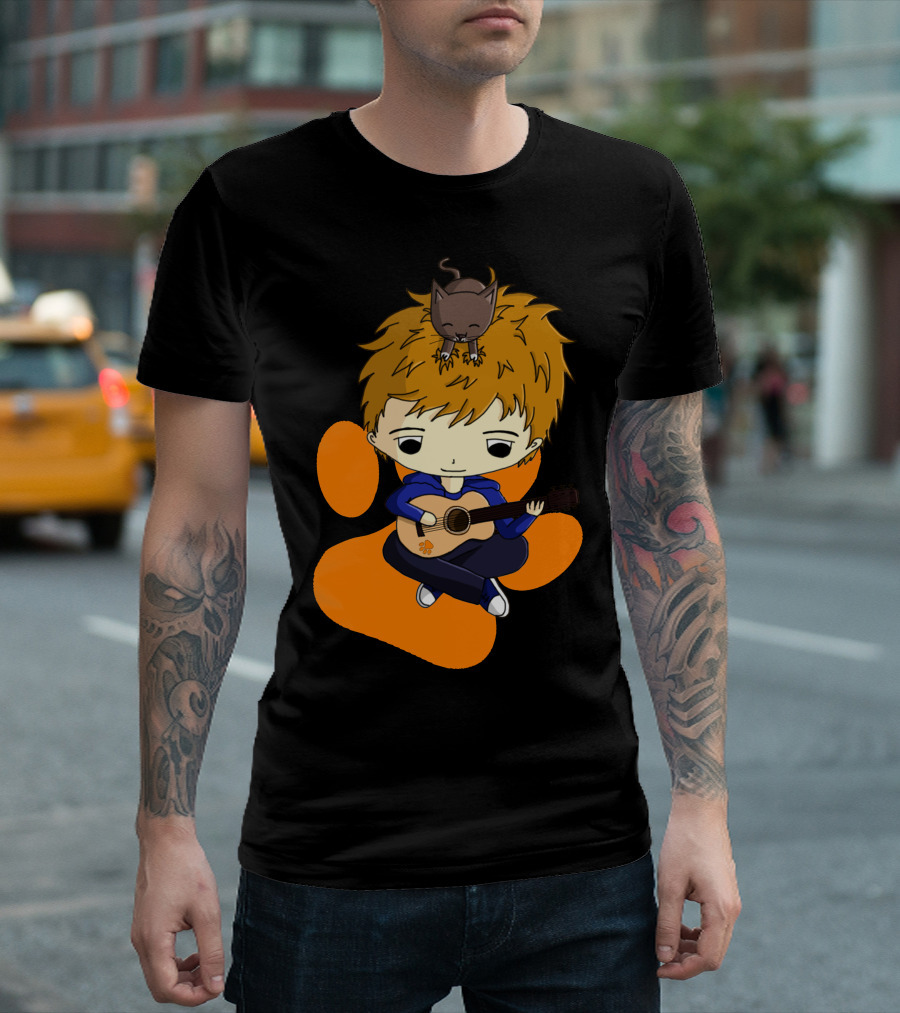 Ed Sheeran Cute Cartoon With Guitar And Cat T-Shirt
