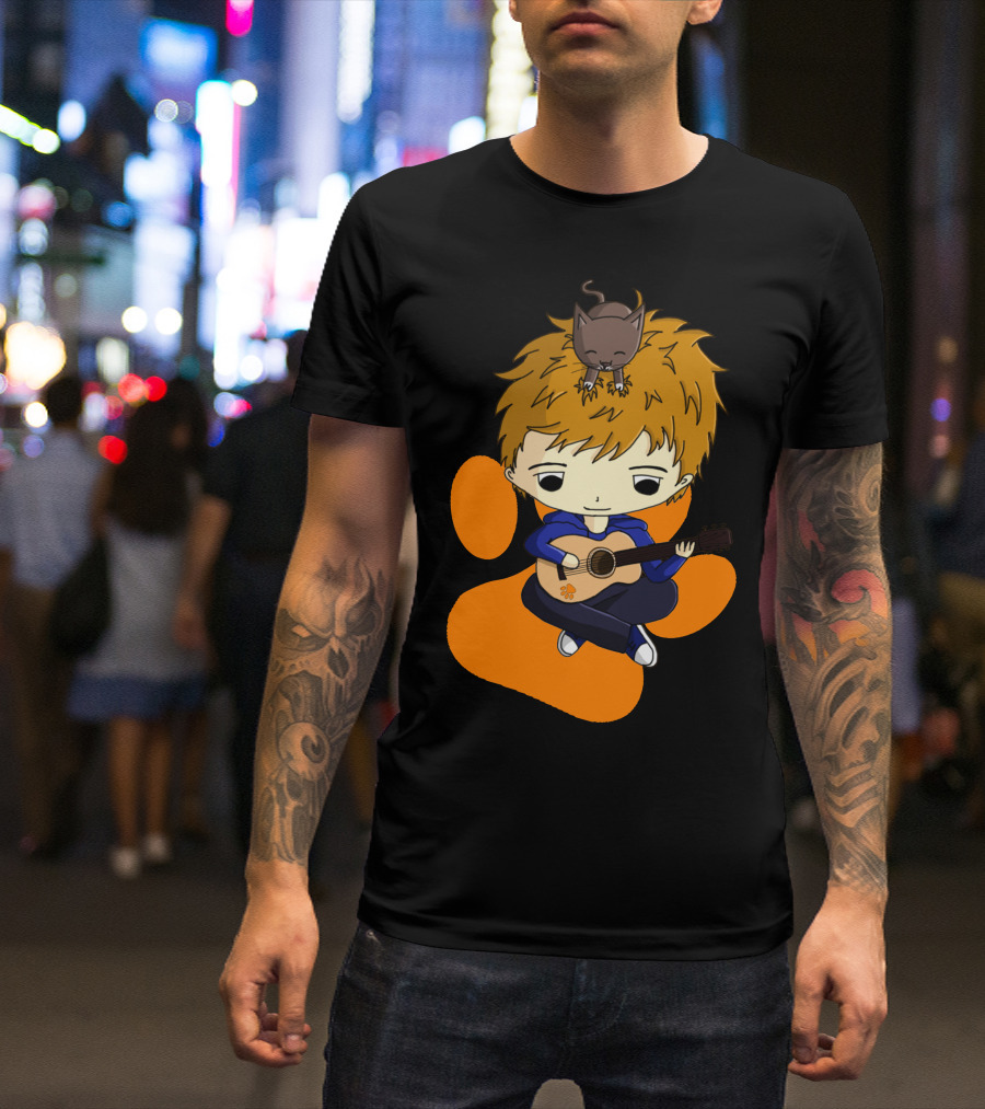 Ed Sheeran Cute Cartoon With Guitar And Cat T-Shirt
