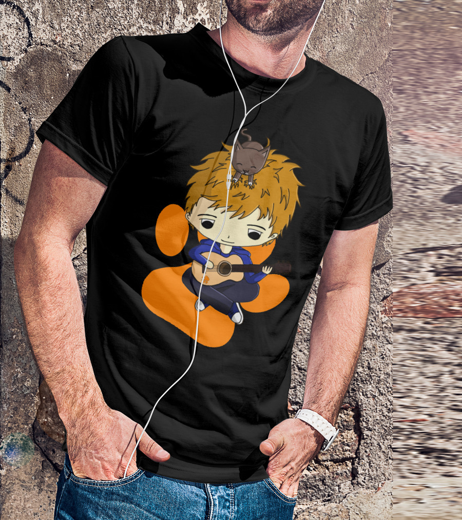 Ed Sheeran Cute Cartoon With Guitar And Cat T-Shirt