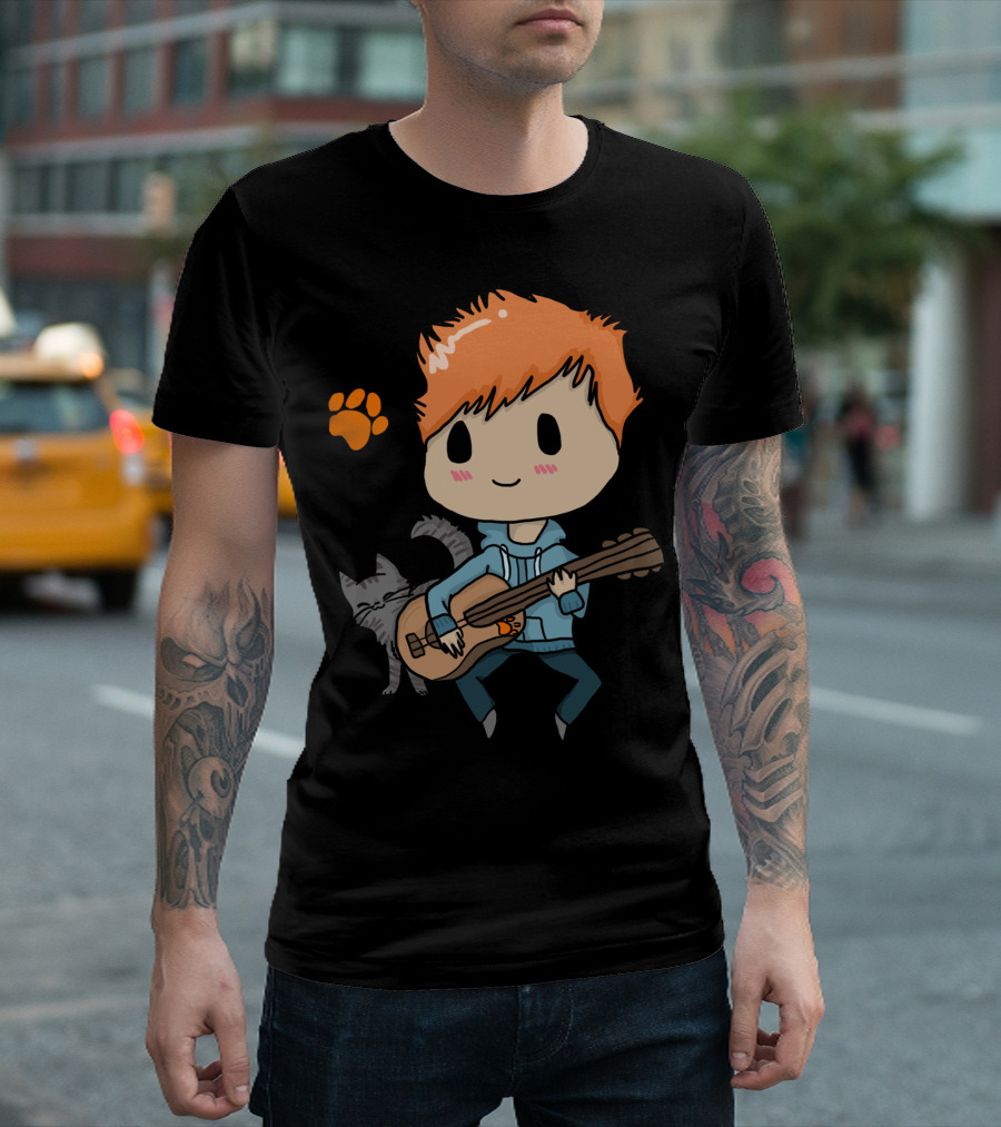 Ed Sheeran Cartoon Cat Guitar Paw Print T-Shirt