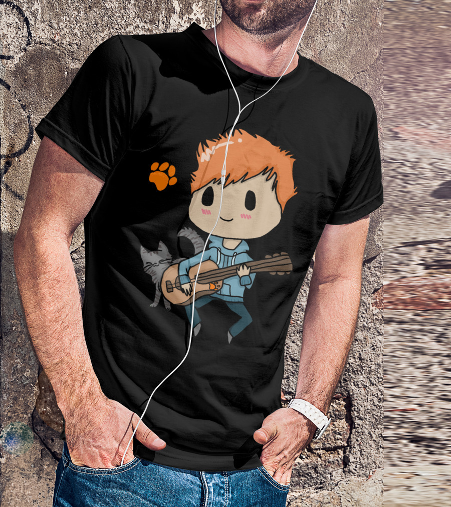 Ed Sheeran Cartoon Cat Guitar Paw Print T-Shirt