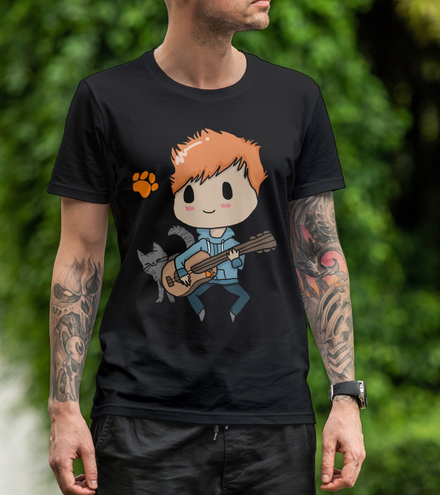 Ed Sheeran Cartoon Cat Guitar Paw Print T-Shirt