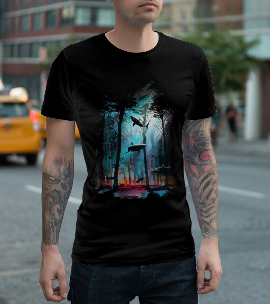 Forest Fish Dreamlike Ocean Silhouette in Enchanted Woods T-Shirt