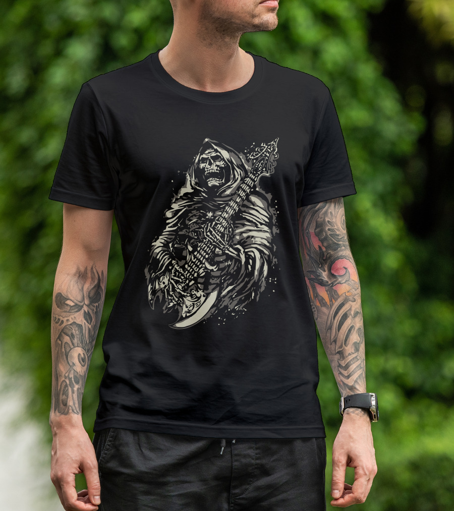 Grim Reaper Playing Electric Guitar With Hooded Cloak And Skull T-Shirt