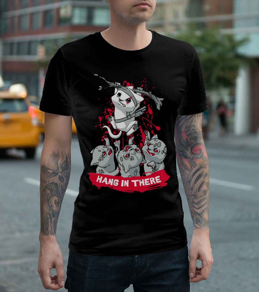 Hang In There Samurai Cat With Zombies T-Shirt