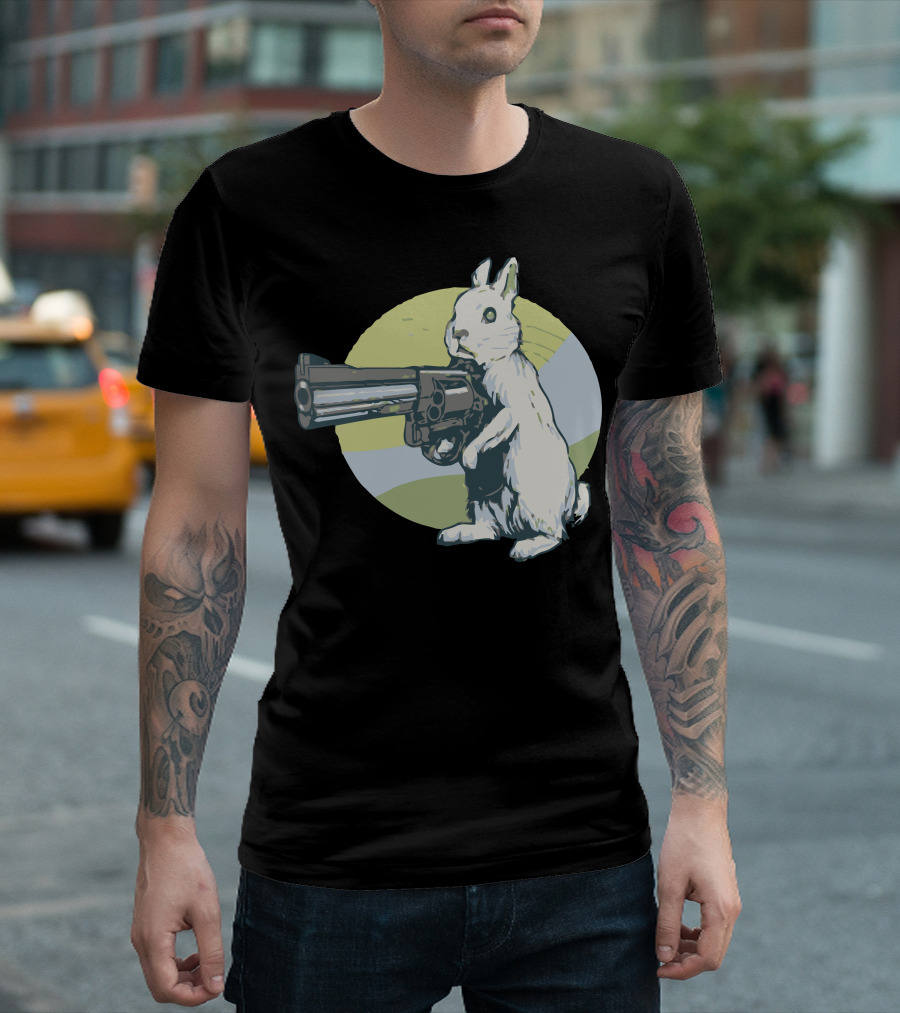 Hare Trigger Rabbit with Revolver in Hand Against Colorful Circle Background T-Shirt