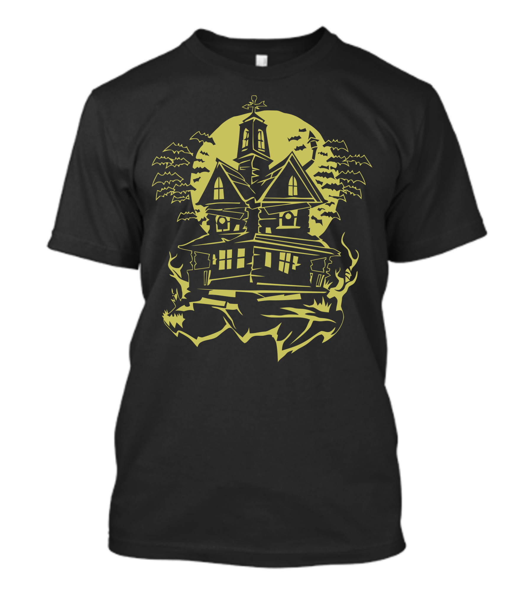 Horror Moonlit Haunted House With Flying Bats And Eerie Glow T-Shirt