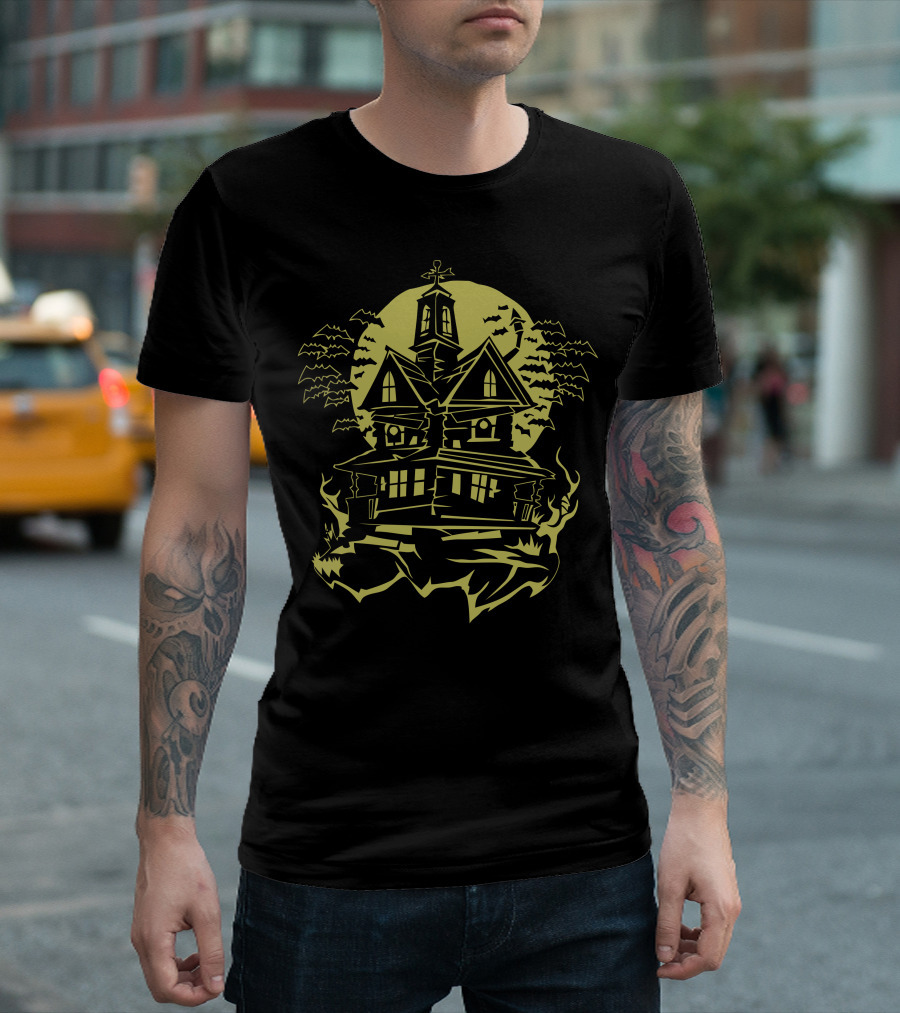 Horror Moonlit Haunted House With Flying Bats And Eerie Glow T-Shirt