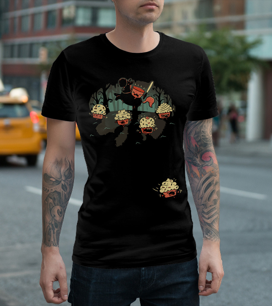 Headless Horseman Cupcake Chase in Spooky Forest Scene T-Shirt