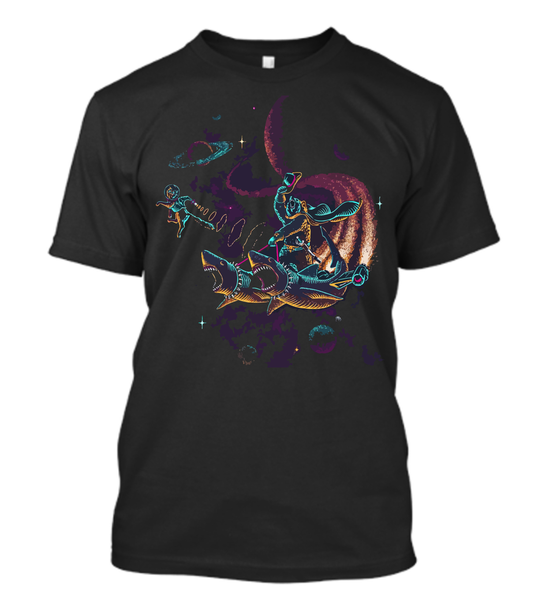 Space Cowboy Surfing Sharks In Cosmic Adventure T-Shirt