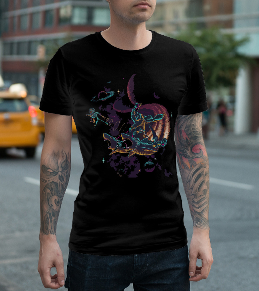Space Cowboy Surfing Sharks In Cosmic Adventure T-Shirt