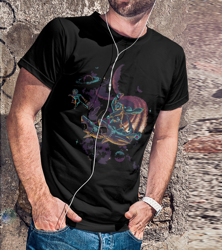 Space Cowboy Surfing Sharks In Cosmic Adventure T-Shirt