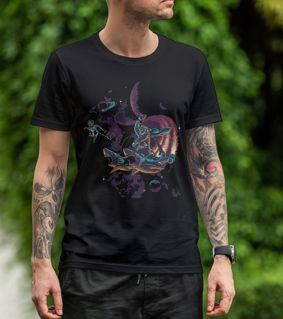 Space Cowboy Surfing Sharks In Cosmic Adventure T-Shirt
