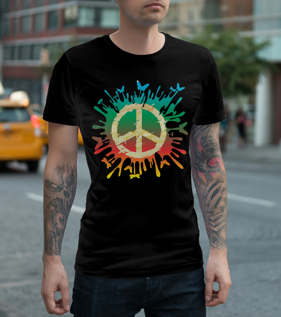 Hippie Peace Rainbow Splash With Butterflies T-Shirt