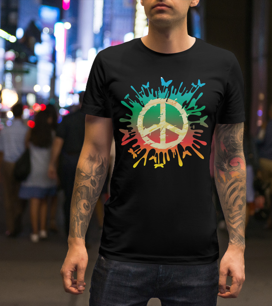 Hippie Peace Rainbow Splash With Butterflies T-Shirt