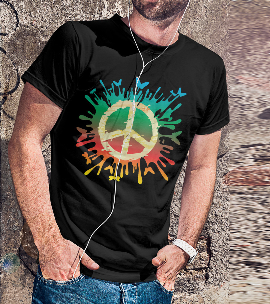 Hippie Peace Rainbow Splash With Butterflies T-Shirt