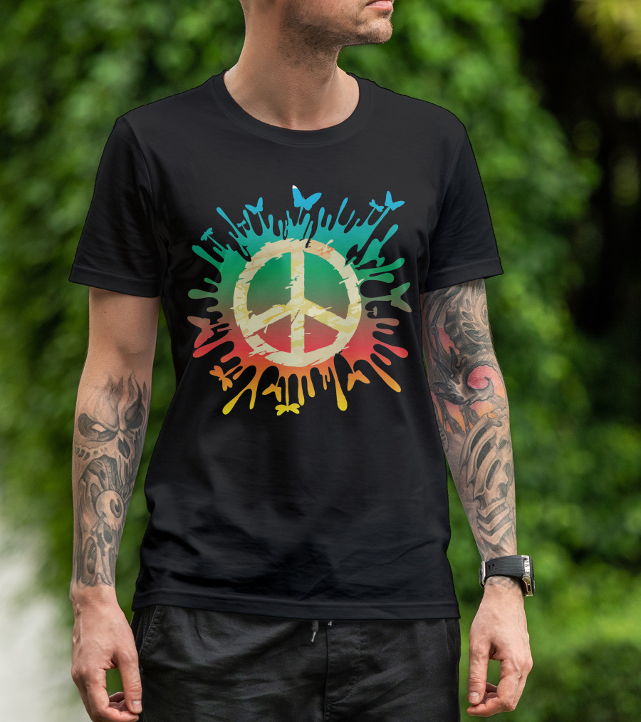 Hippie Peace Rainbow Splash With Butterflies T-Shirt