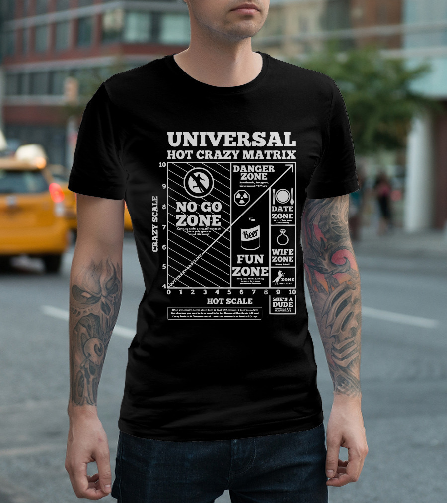 UNIVERSAL HOT CRAZY MATRIX NO GO ZONE DANGER DATE FUN WIFE ZONE SHE'S A DUDE T-Shirt