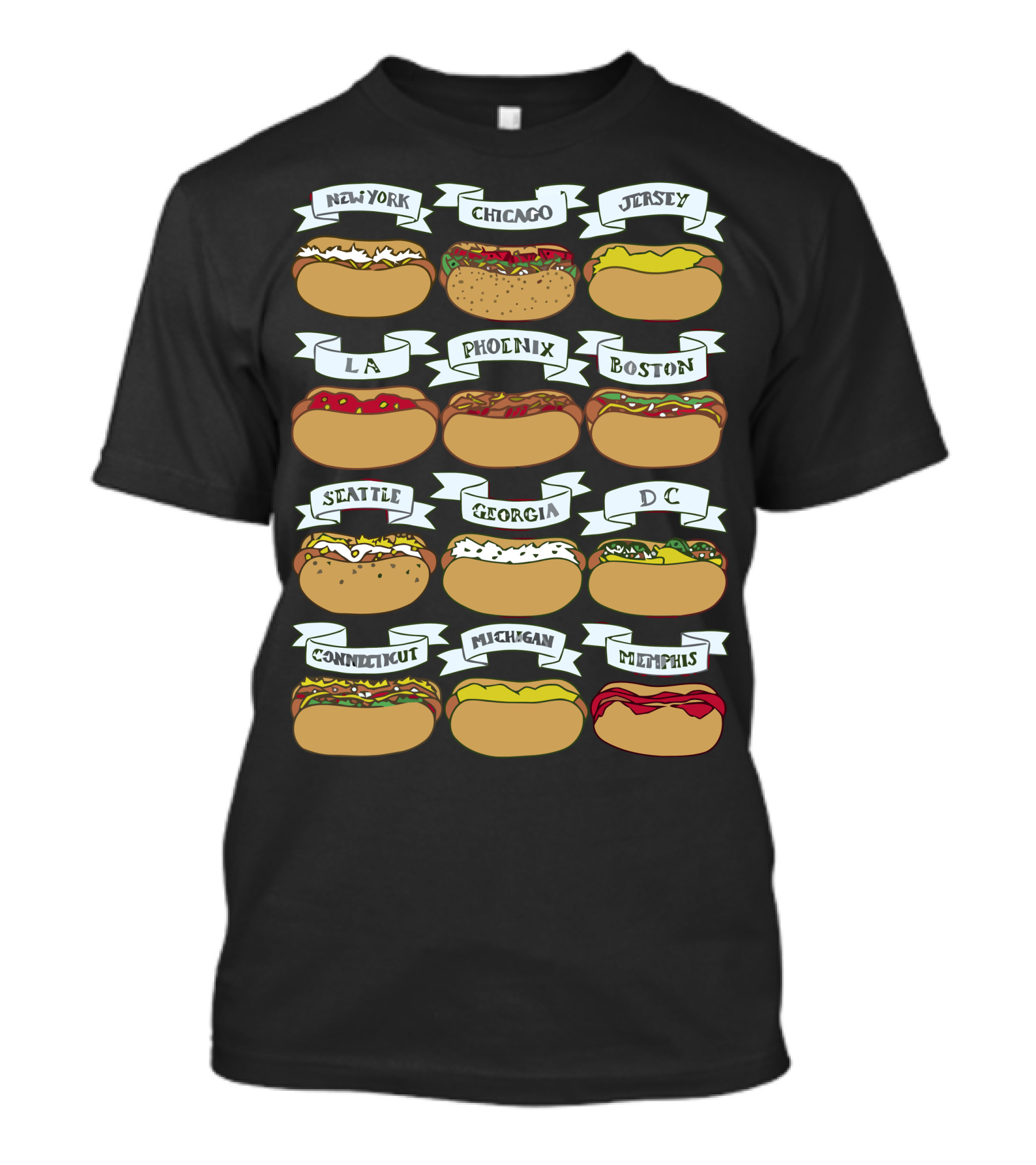 New York Chicago Jersey LA Phoenix Boston Seattle Georgia DC Connecticut Michigan Memphis Hot Dogs T-Shirt