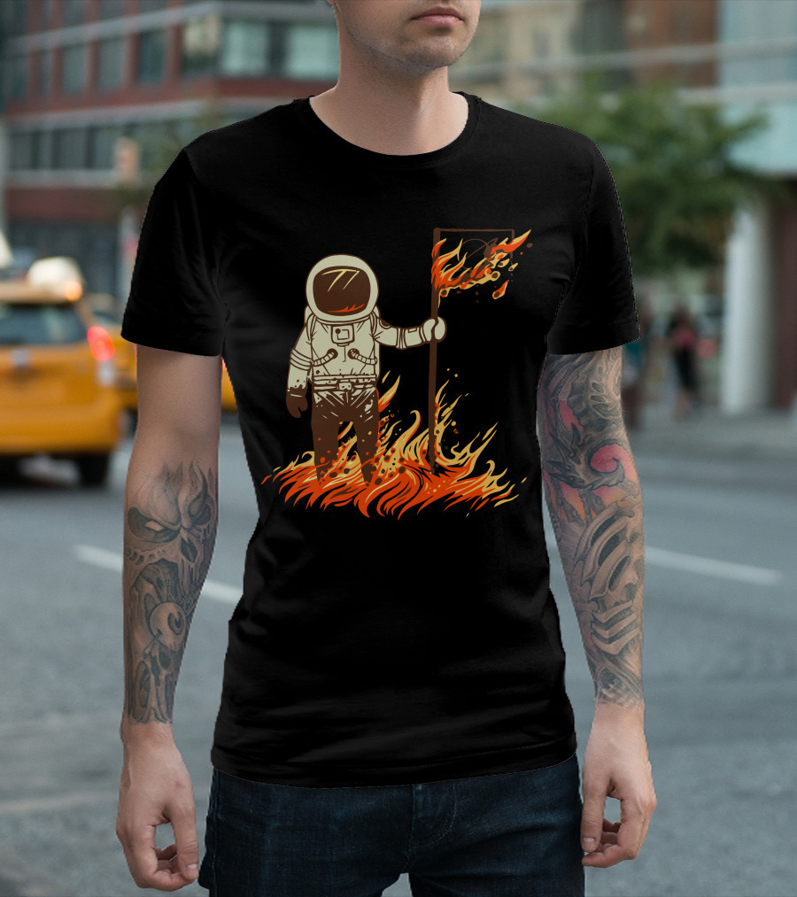 I Claim This Sun For Gyaahhhh Flaming Astronaut Holding Flag In Fire T-Shirt