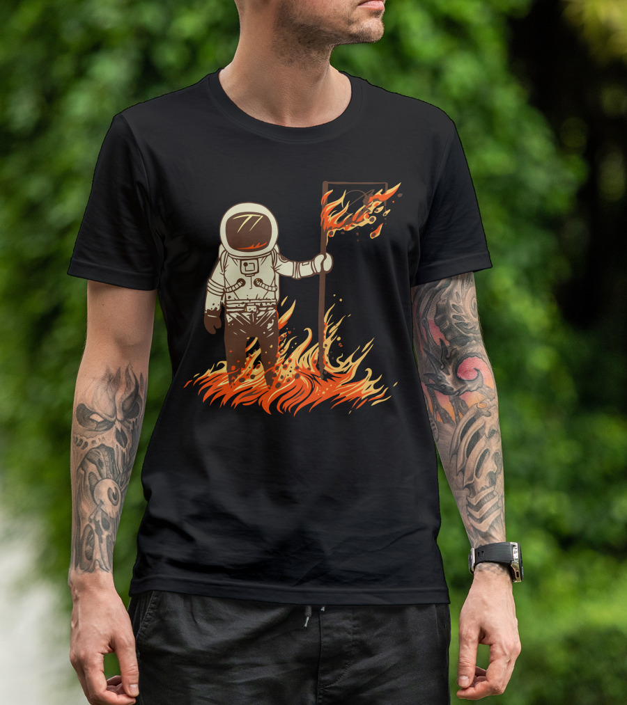 I Claim This Sun For Gyaahhhh Flaming Astronaut Holding Flag In Fire T-Shirt