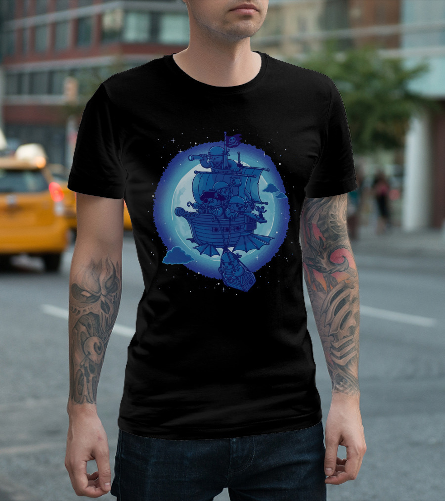 Pirate Owls Sailing Airship Under Full Moon with Telescope and Treasure T-Shirt