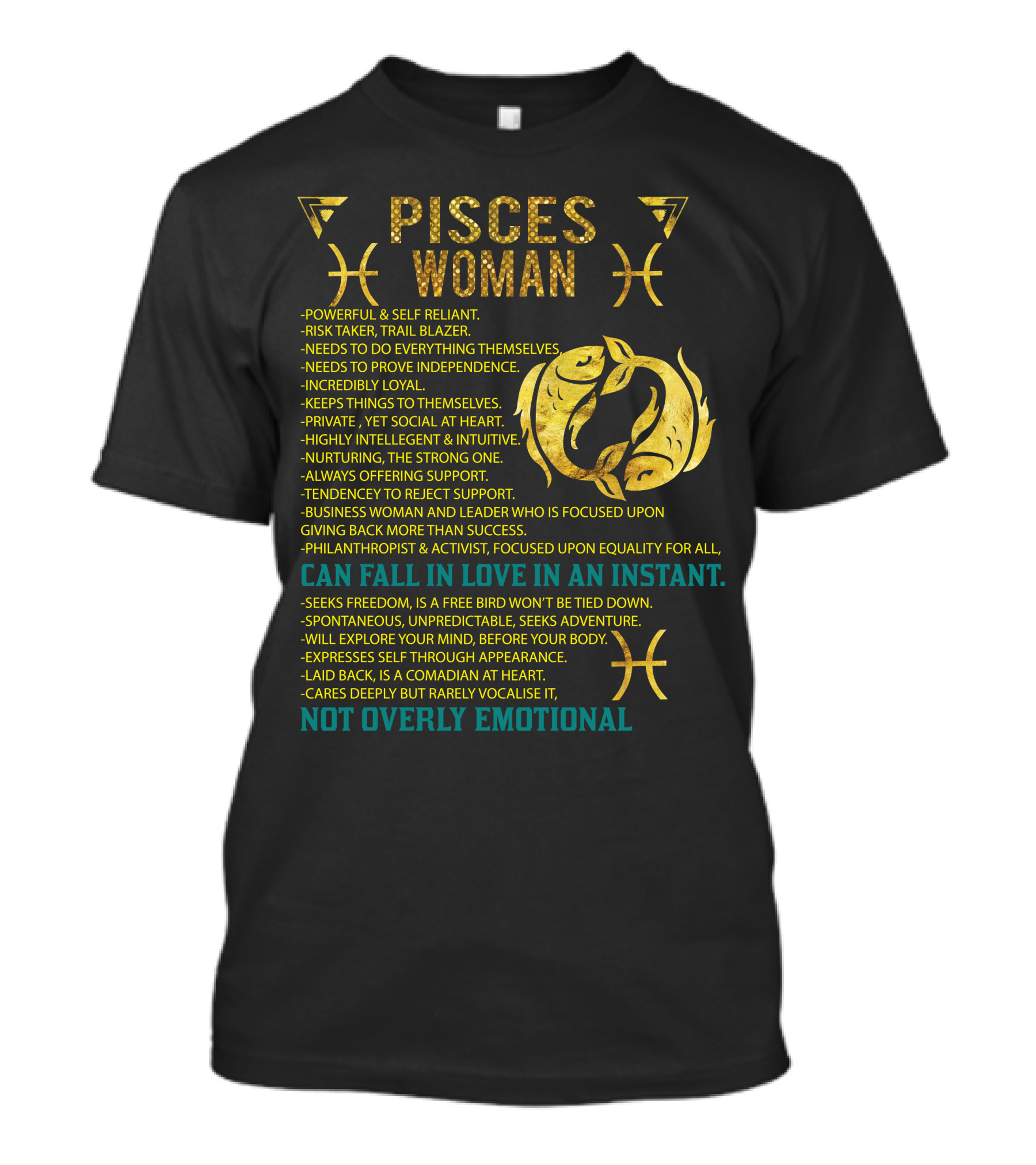 Pisces Woman Zodiac Traits Strong Independent Emotional Balanced Adventure Seeker Loyal Leadership T-Shirt