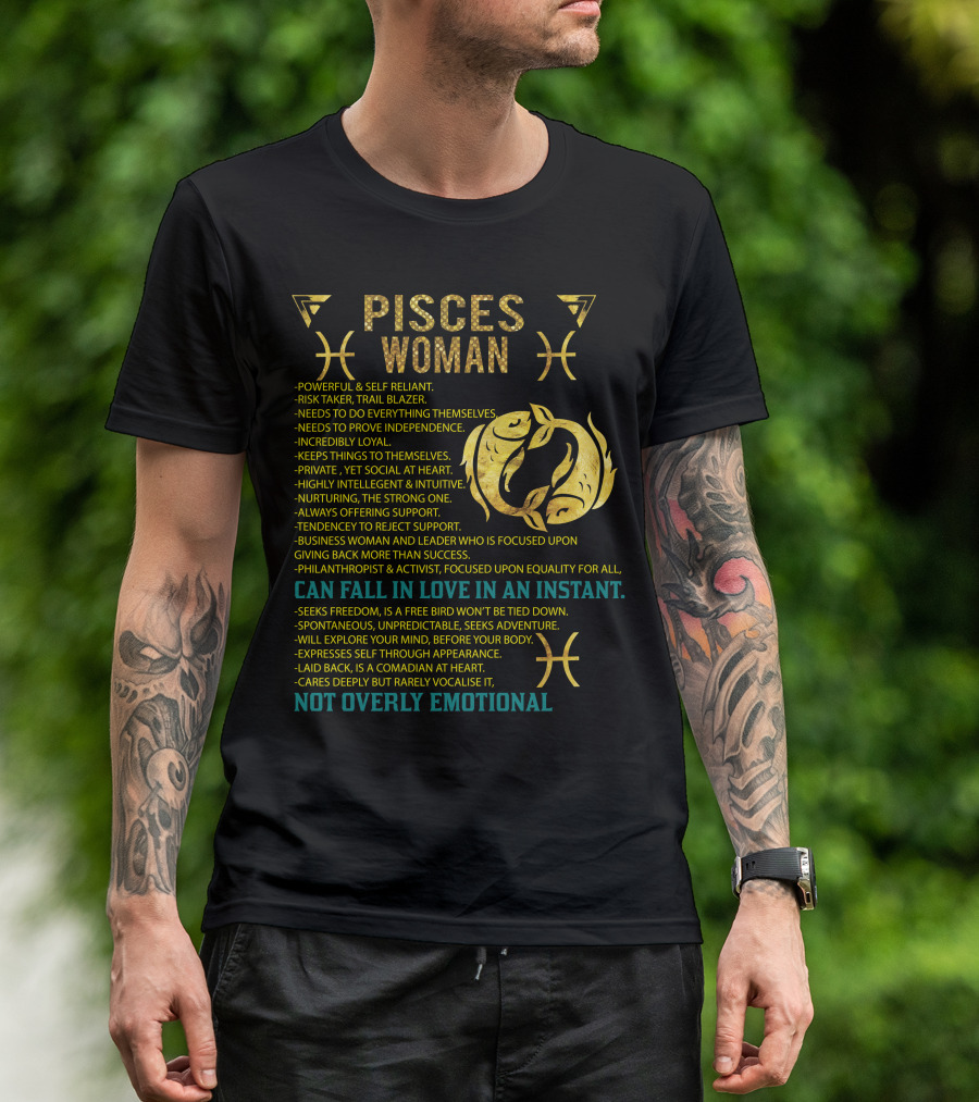 Pisces Woman Zodiac Traits Strong Independent Emotional Balanced Adventure Seeker Loyal Leadership T-Shirt