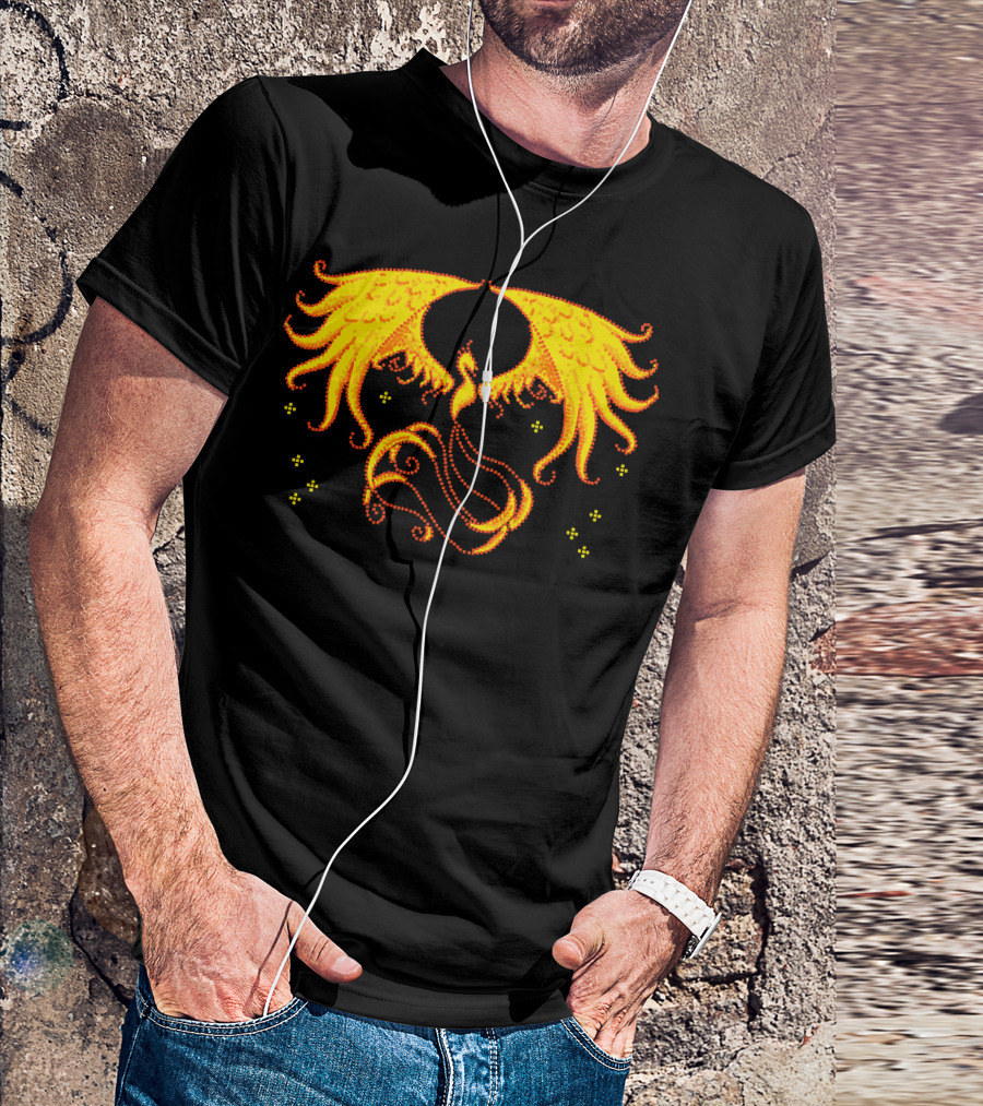 Pixel Phoenix Retro Firebird Symmetry Fantasy Tail Glowing Wings Spirals T-Shirt
