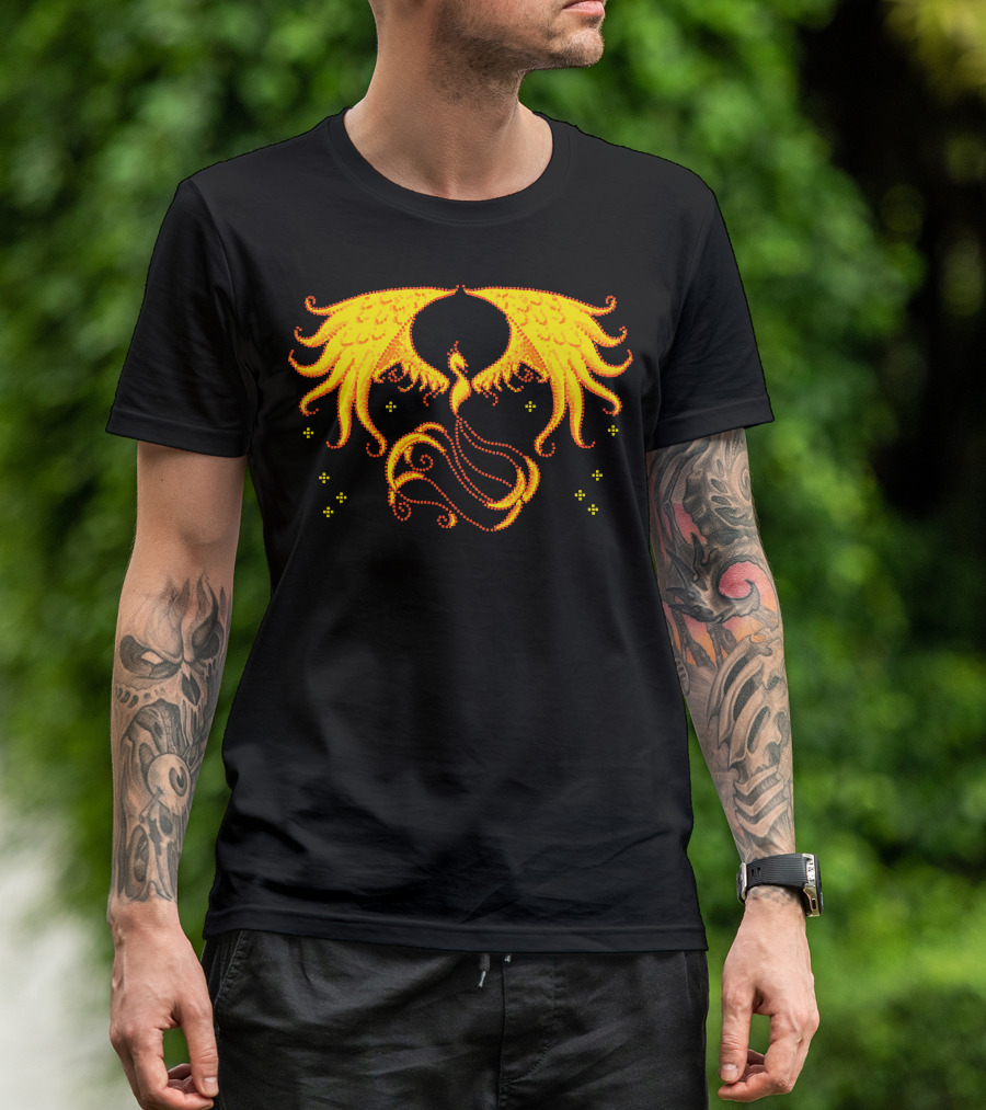 Pixel Phoenix Retro Firebird Symmetry Fantasy Tail Glowing Wings Spirals T-Shirt