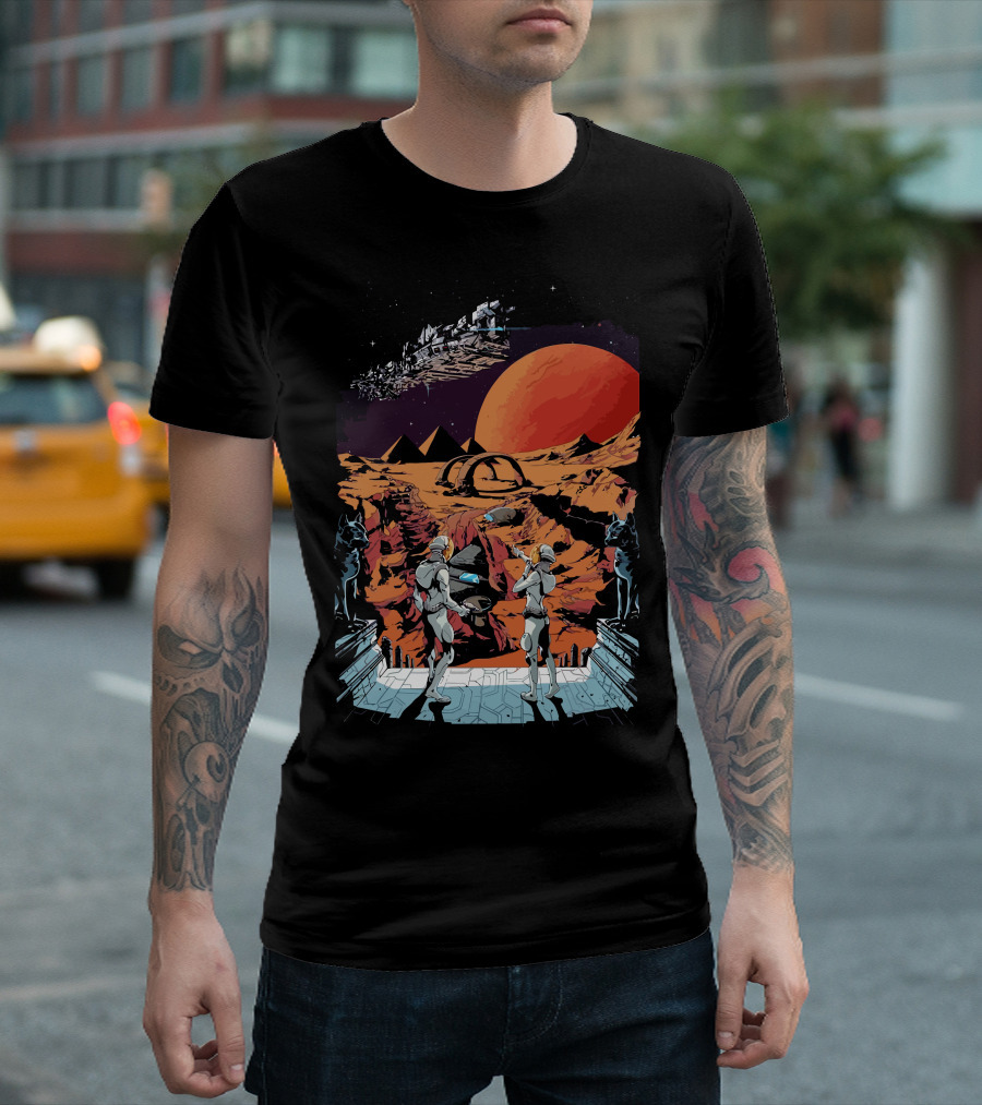 Planet Exploration with Futuristic Landscape and Spacecraft T-Shirt