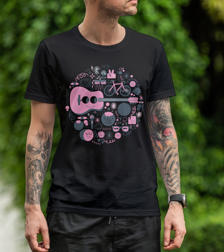 Pop Heart Music Symbols Bicycle Peace Signs Guitar Icons T-Shirt