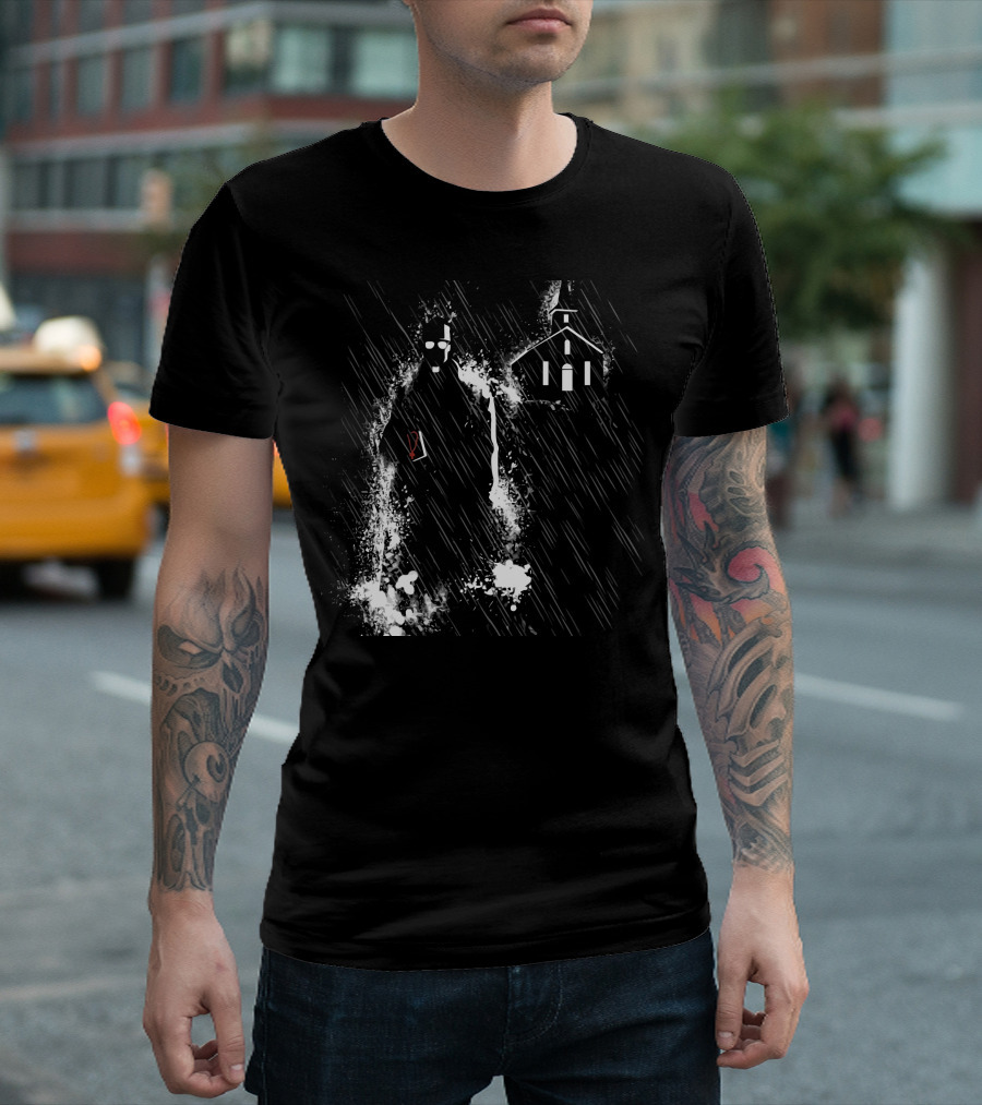 Sin City Noir Rain Silhouette With Church And Eyeglasses T-Shirt